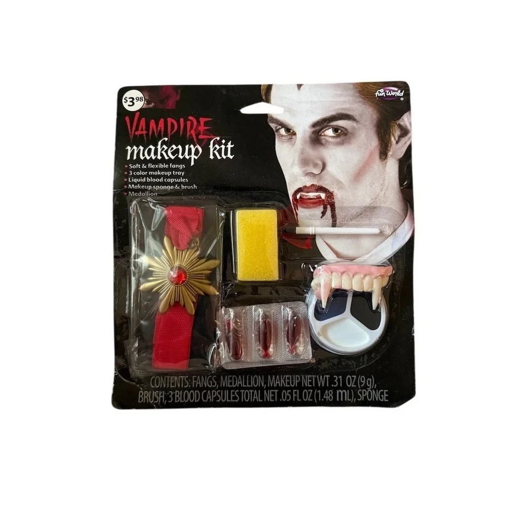 Halloween Fun World Vampire Makeup Kit w/ Fangs Makeup Tray Blood Capsules Brush